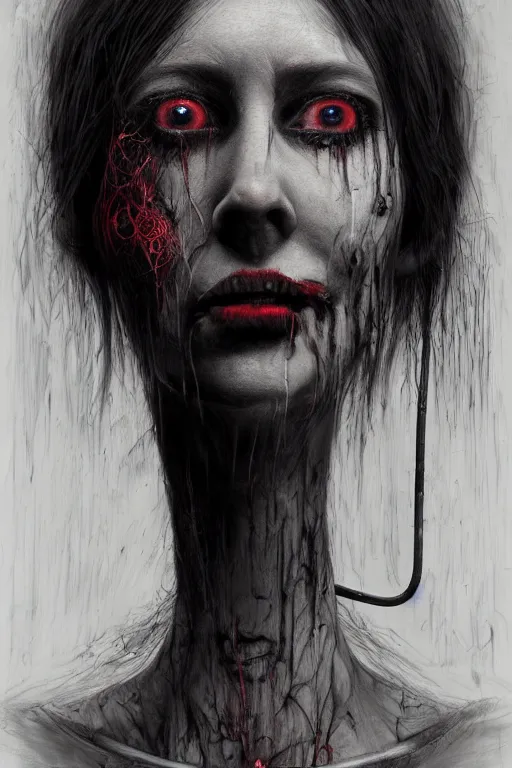 Image similar to charcoal cartoon grunge portrait of a creepy horror nurse girl . intricate abstract. intricate artwork. nightmare fuel. terrifying. by zdzisław Beksiński, wlop, dan mumford , trending on artstation, greg rutkowski very coherent symmetrical artwork. cinematic, hyper realism, high detail, octane render, 8k