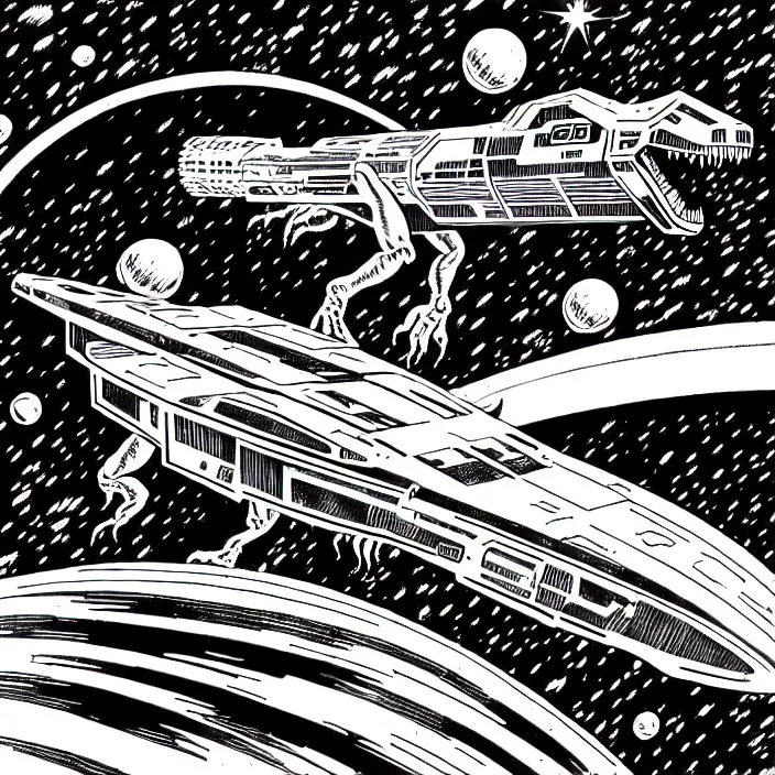 Prompt: a dinosaur spaceship in space, inked illustration, in the style of jack kirby, 1 9 8 5, sharp detail