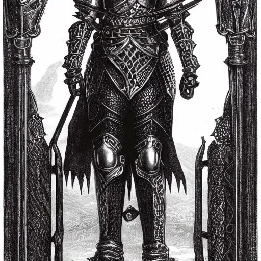 Prompt: gothic knight, intricate etched armor, standing astride a gate, terese nielsen