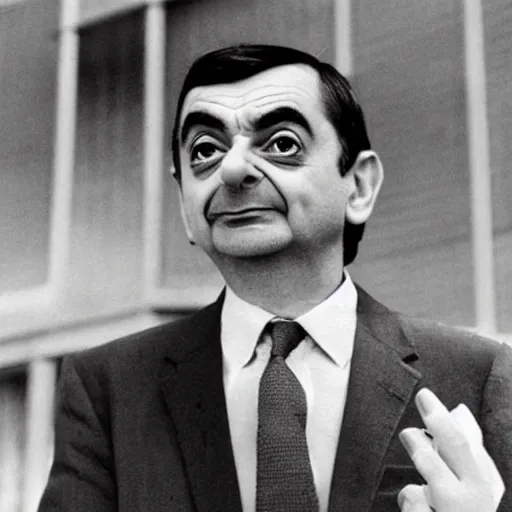 Image similar to Mr Bean watching the atomic bomb explode in the distance