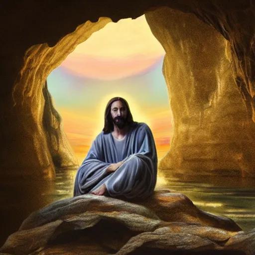 Image similar to sad jesus sits on a entrance from a cave