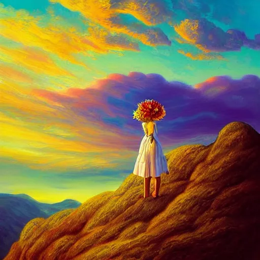 Image similar to giant flower head, frontal, woman standing on mountain, surreal photography, sunrise, colorful clouds, impressionist painting, digital painting, artstation, rob gonsalves