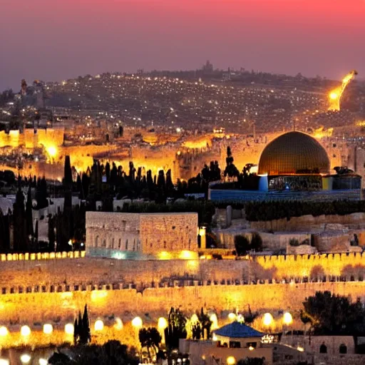 Image similar to a beautiful jerusalem city with lots of glowing crystals, sunset lighting,