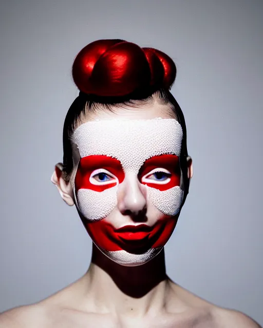 Image similar to symmetrical close - up portrait of a woman wearing a red silicone beauty mask and hair buns, wearing a black bodysuit by alexander mcqueen, cream white background, soft light, biotechnology, humanoide robot, bjork aesthetic, translucent, by rineke dijkstra, masterpiece,