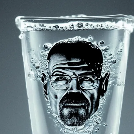 Prompt: a glass of water, walter white's face in a glass, walter white's face made of water, glass