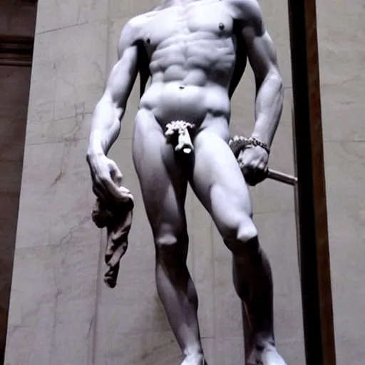 Prompt: David by Michelangelo but David’s face is replaced with Waluigis face from nintendo