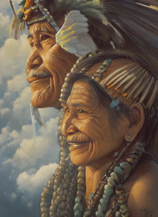 Image similar to faces of indigenous amazonian grandfathers and grandmothers spirits in the clouds, smiling, protection, benevolence, ancestors, detailed faces, art by christophe vacher