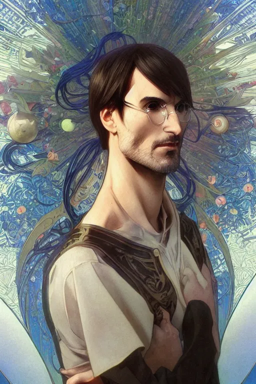 Image similar to steve jobs as an anime character, portrait, fantasy, intricate, elegant, highly detailed, digital painting, artstation, concept art, smooth, sharp focus, illustration, art by gaston bussiere and alphonse mucha