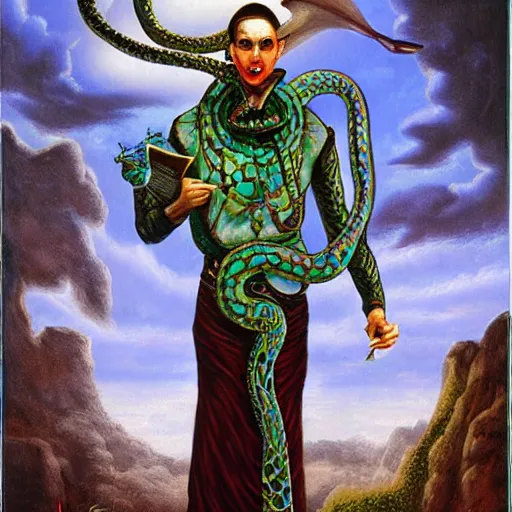 Prompt: a man with a snake around his neck, a surrealist painting by Anne Stokes, tumblr, gothic art, demonic photograph, tarot card, wiccan