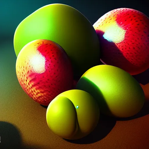 Prompt: beautiful digital fantasy illustration of alien fruit, octane render, detail texture, unreal engine, 8 k, photographic quality, ultra hyper realistic quality