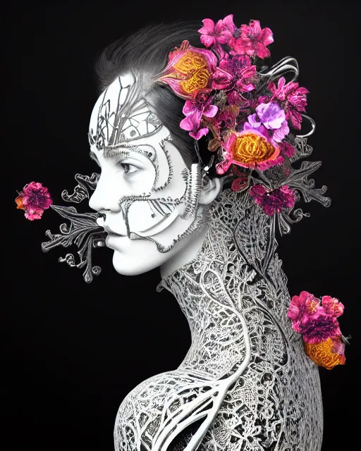 Image similar to monochrome profile portrait painting, dutch masters, silver lace floral steampunk biomechanical beautiful young female cyborg with one fluo techno eye, monocular, volumetric light, leaves foliage and stems, hibiscus flowers, rim light, big gothic fashion pearl embroidered collar, 8 k