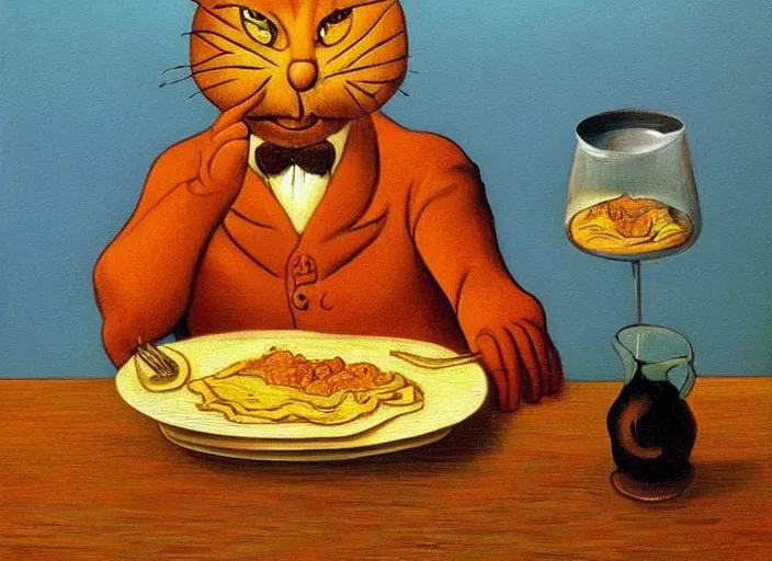 Image similar to detailed realistic surrealist painting of garfield eating lasagna at dusk, in the style of vincent van gogh and salvador dali and leonardo da vinci