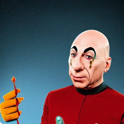 Image similar to jeanluc Picard as a sad clown