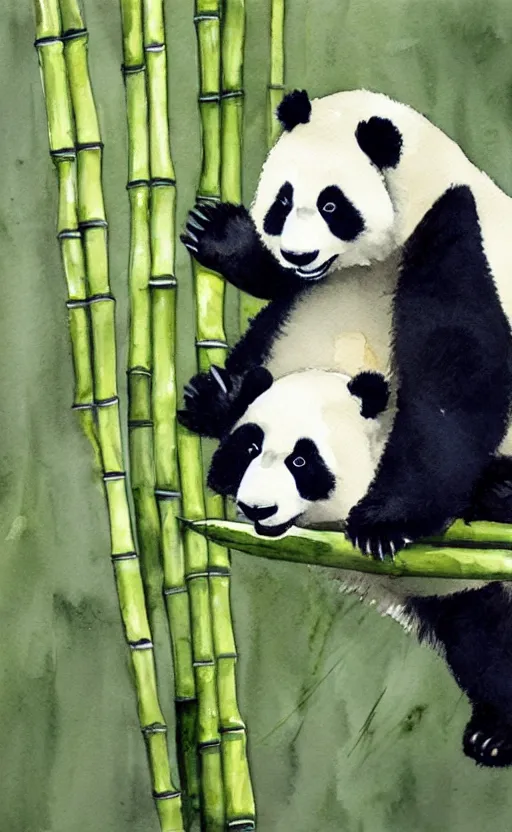 Image similar to a watercolor painting of a panda eating bamboo, dynamic lighting, photorealistic, ambient lighting, atmospherical, stunning visuals, trending on art station