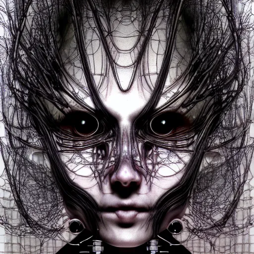 Image similar to portrait of neural nightmares by yoshitaka amano and HR Giger, detailed face face face face, facial structure, hd, 8k, very very very very electronic, biomechanical, biology, bio, neural machine, single subject, terror