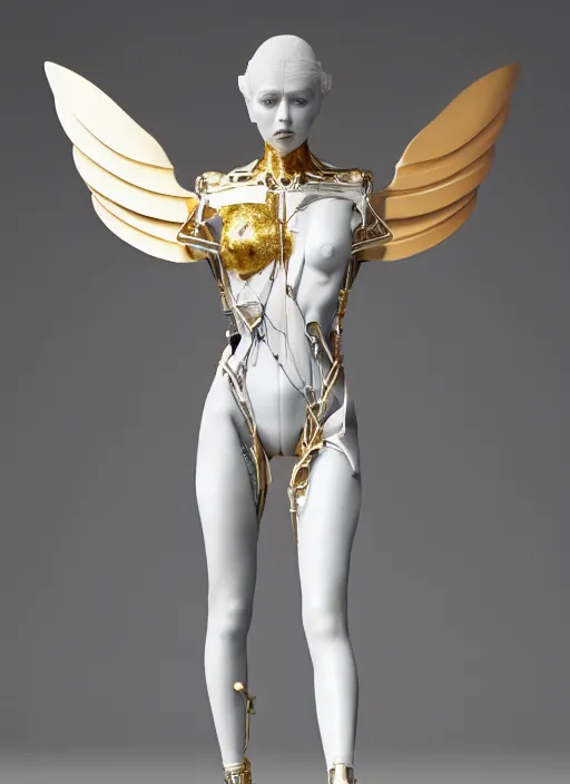 Image similar to a statue made of white marble with gold veins, of an beautiful gorgeous futuristic cybernetic angel girl, prostheses, transhumanism, full body shot, perfect symmetrical body, perfect symmetrical face, hyper realistic, hyper detailed, by johannen voss, by peter kemp, by monia merlo, by michelangelo, octane render, blender, 8 k