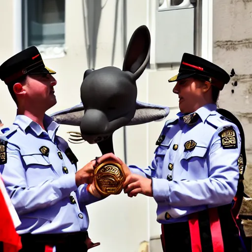 Image similar to an anthropomorphic civil guard with a dragon head and mouse hands receiving a medal