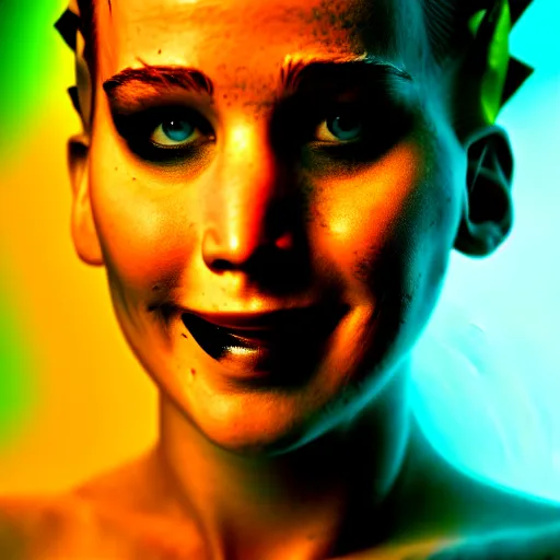 Image similar to smiling jennifer lawrence as the bride of frankenstein, macro photography, glowing retinas, fuscia cyan yellow white powder on face, national geographic