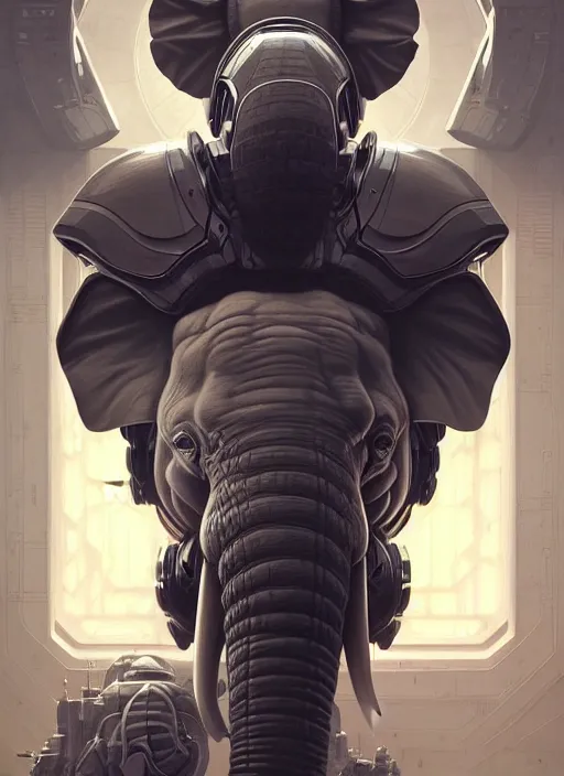 Prompt: symmetry!! portrait an elephant, sci - fi, armour, muscular! cyberpunk, intricate, elegant, highly detailed, digital painting, artstation, concept art, sharp focus, illustration, art by artgerm and greg rutkowski and alphonse mucha