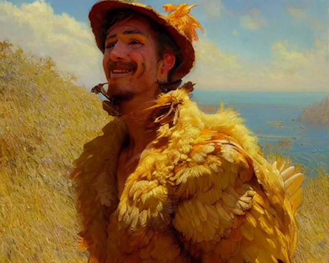Image similar to a man dressed as a chicken, highly detailed painting by gaston bussiere, craig mullins, j. c. leyendecker 8 k