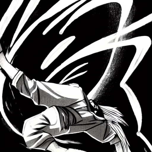 Image similar to a black and white drawing of a man doing a kick, an illustration of by gatoken shunshi, pixiv contest winner, black arts movement, dynamic pose, official art, sabattier effect