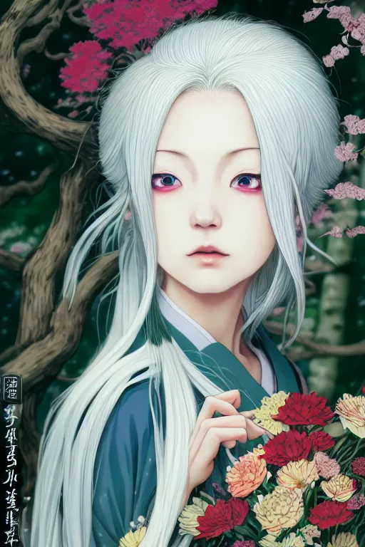 Prompt: portrait of the forest maiden,white hair,yoshitoshi abe, shigeto koyama,kyoto animation, Ilya Kuvshinov, bright colors, beautiful, 28mm lens, vibrant, smooth gradation, cinematic, rule of thirds, great composition, intricate, detailed, flat, matte print, last exile, murata range, anime