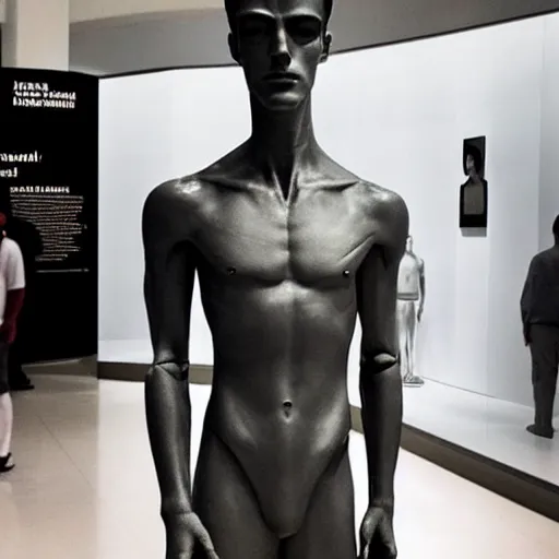 Image similar to “a realistic detailed photo of a guy who is an attractive humanoid who is half robot and half humanoid, who is a male android, actor Grant Gustin, shiny skin, posing like a statue, blank stare, at the museum, on display”