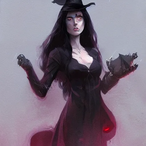 Image similar to female human vampire witch in the style of greg rutkowski, makoto shinkai, trending on artstation, character design, concept art, pretty face, highly detailed, long black hair, portrait, digital art