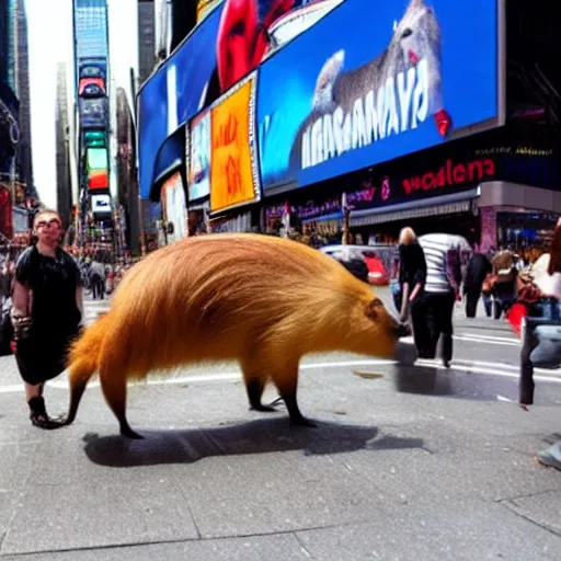 Prompt: a giant capybara taking over Times Square