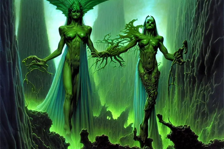 Prompt: shades of forgotten misery and despair by michael whelan and roger dean and brom and hubert robert and greg staples and donato giancola, beautiful, mythical, flesh robe, highly detailed, hyperrealistic, intricate, energy, electric, blue flame, low light, green crystal, high contrast, old and young, lifelike