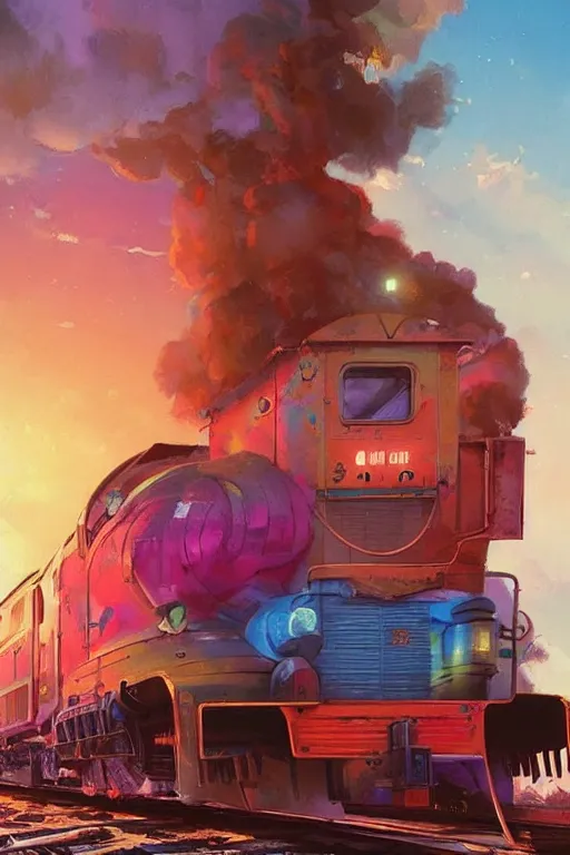 Image similar to trains covered colorful graffiti with paint drip, greg rutkowski, and moebius and loish and artgerm, painterly, illustration, sunset lighting, beautiful artist rendering, gorgeous