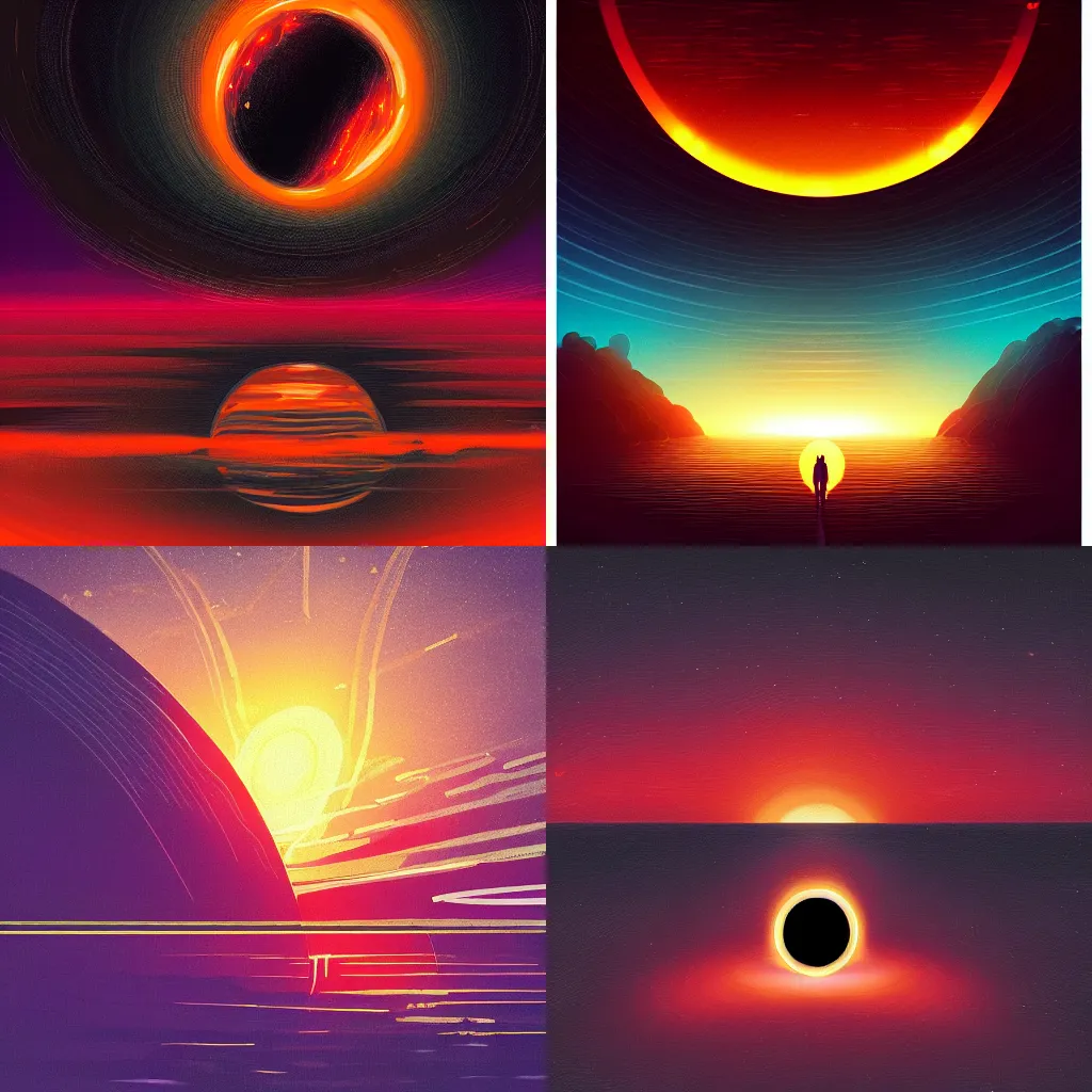 Prompt: a sunset of a black hole in the middle, symmetrical, digital art, trending on artstation, by alena aenami