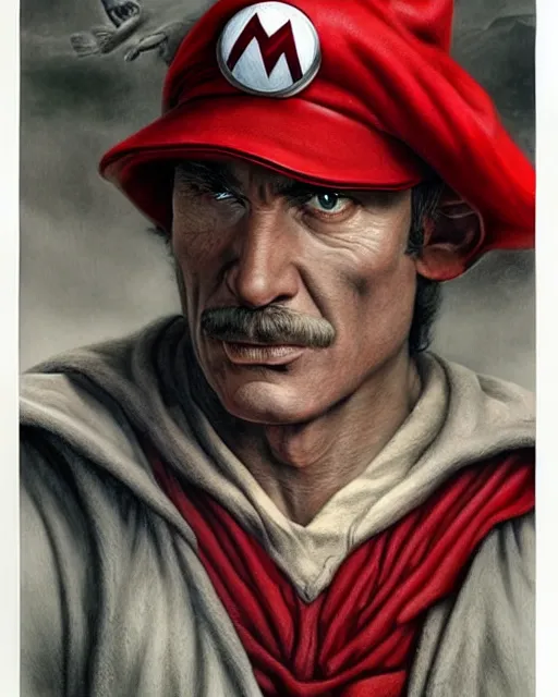 Prompt: portrait of super mario in lord of the rings, red cap, beautiful, very detailed, hyperrealistic, medium shot, very detailed painting by Glenn Fabry, by Joao Ruas