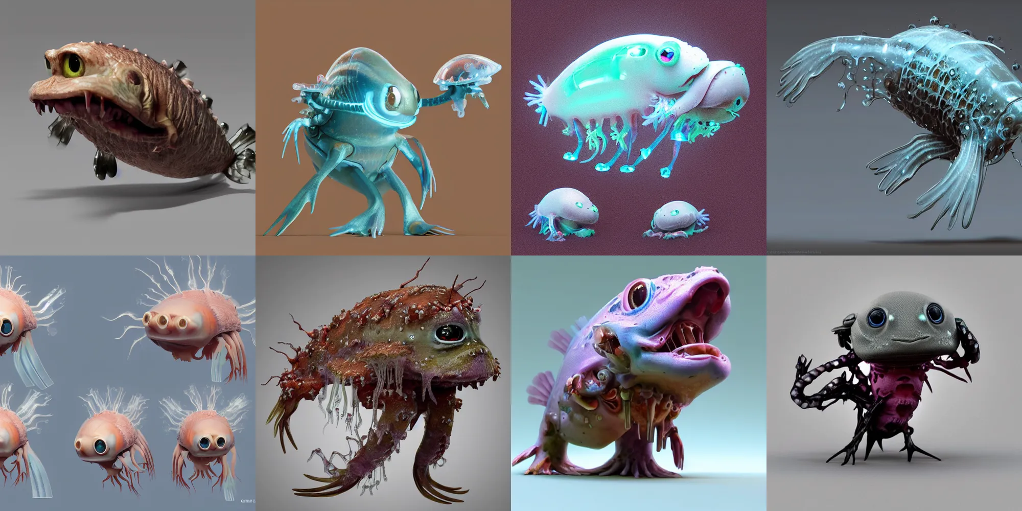 Prompt: cute! biomechanical axolotl, ghost shrimp, Barreleye fish, translucent SSS xray, Barreleye, rimlight, jelly fish dancing, fighting, bioluminescent screaming pictoplasma characterdesign toydesign toy monster creature, zbrush, octane, hardsurface modelling, artstation, cg society, by greg rutkowksi, by Eddie Mendoza, by Peter mohrbacher, by tooth wu, 8k