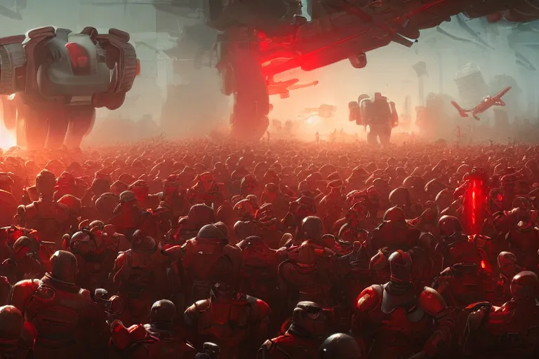 Image similar to a painting of an eager crowd of robots and people running into oblivion by Jasper Ejsing, James Jean, epic scene, dramatic light, red color-scheme, hd, octane8