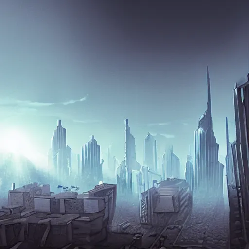 Image similar to Dystopian City with Sunshaft and bloom