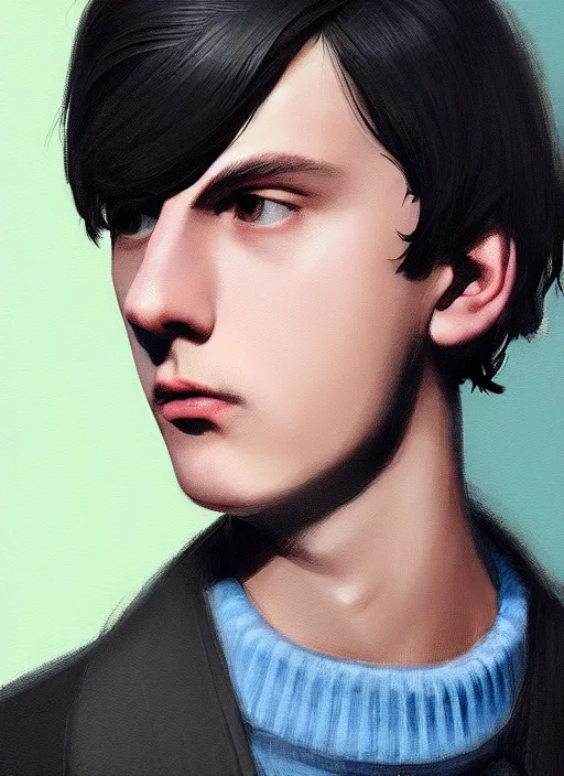 Image similar to portrait of teenage jughead jones wearing a light grey crown, crown, blue turtleneck, closed eyes, photorealistic, black hair, glowing lighting, intricate, elegant, glowing lights, highly detailed, digital painting, artstation, concept art, smooth, sharp focus, illustration, art by wlop, mars ravelo and greg rutkowski