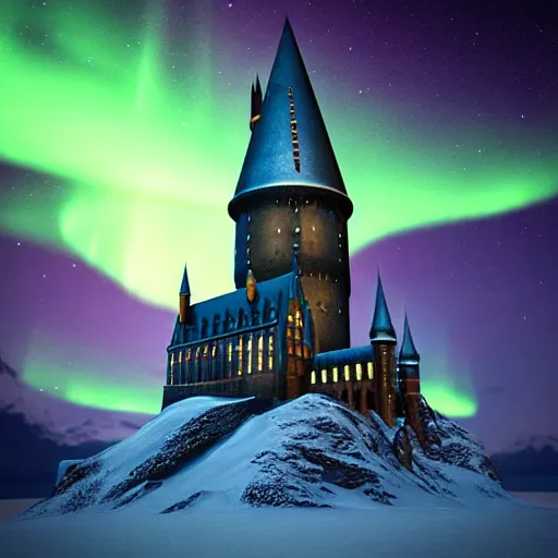 Image similar to “Hogwarts School of Witchcraft and Wizardry with the norther lights in the background. Octane render, 4k, 8k, unreal 5, very detailed, hyper control-realism, trending on artstation.”