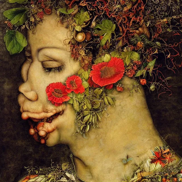 Prompt: a beautiful profile portrait of a woman, leaves, by giuseppe arcimboldo,, psychedelic, surreal, dreamlike, environmental friendly, nature.