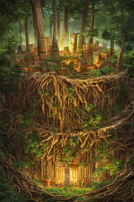 Image similar to a miniature city built into the trunk of a single colossal tree in the forest, with tiny people, in the style of ted nasmith, lit windows, close - up, low angle, wide angle, awe - inspiring, highly detailed digital art