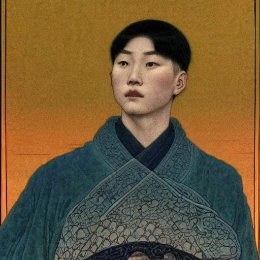 Prompt: portrait of chinese boy short hair, artstation, in the style of moebius, jugendstil and classic japanese print, art by jean delville