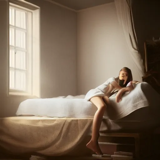 Image similar to portrait of girl in linen clothing falling from the room ceiling into a bed, natural sun lighting, unreal engine model, 8 5 mm lens by annie leibovitz