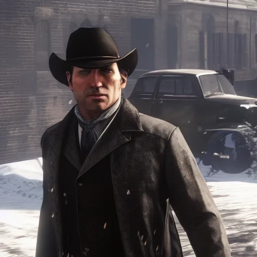 Image similar to Film still of Bruce Wayne, from Red Dead Redemption 2 (2018 video game)