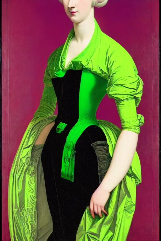 Image similar to portrait of a young pale woman with lilac hair, wearing a neon green dress by Vivienne Westwood, intricate details, cyberpunk, super-flat, in the style of James Jean, Jean Auguste Dominique Ingres, black background