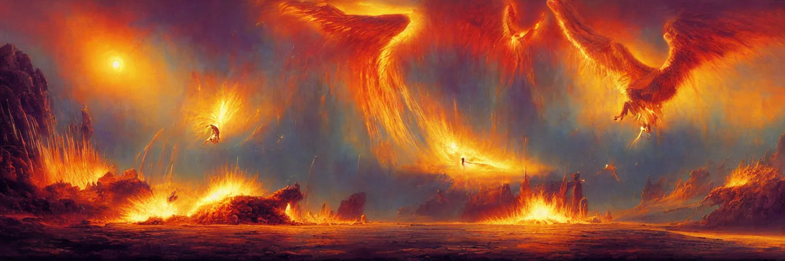 Prompt: awe-inspiring bruce pennington landscape digital art painting of icarus crashing and burning his chariot, 4k, matte