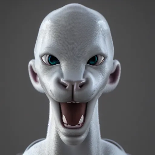 Image similar to realistic portrait of mewtwo, 1 0 0 mm, octane render, studio lighting