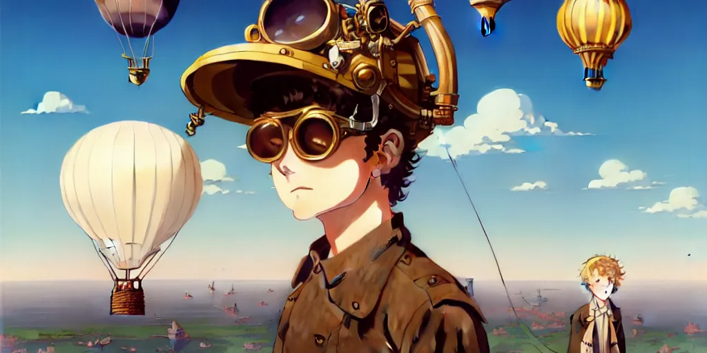 Image similar to 3 d portrait of a boy with light blond curly hair with an aviator helmet and goggles standing at the helm of a multidimensional steampunk hot air balloon by ilya kuvshinov, cloudy sky background lush landscape ln illustration concept art anime key visual trending pixiv by victo ngai fanbox by greg rutkowski makoto shinkai takashi takeuchi studio ghibli