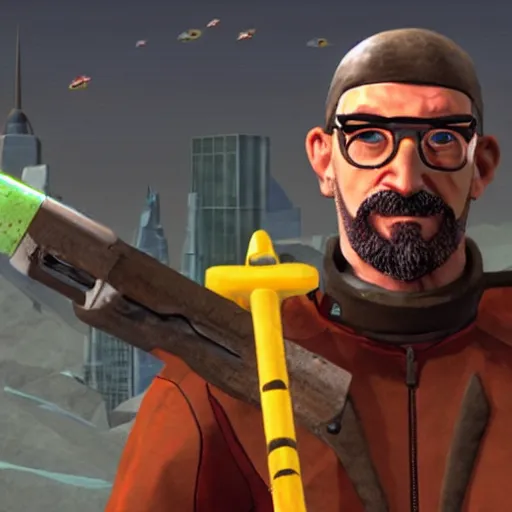 Image similar to gordon freeman with a halo over his head and fish for hands