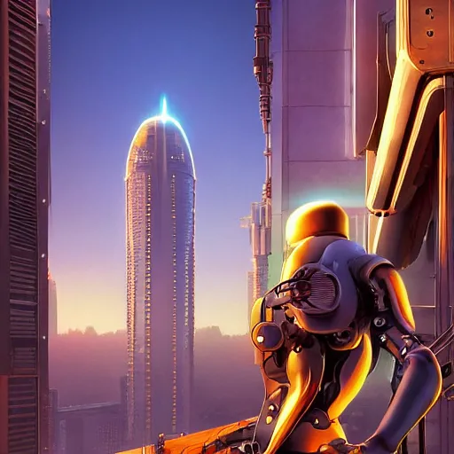 Image similar to ninja cyborg mechanical exoskeleton designed by jony ive, in cybercity, golden hour, poster by michael whelan and gilbert williams and evgeny lushpin and artgerm and alena aenami, 3 0 mm, well proportioned, highly detailed, rule of thirds, long exposure