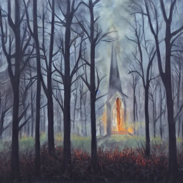 Prompt: burning church in a dark forest, oil painting